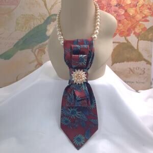 Handmade Upcycled Tie Necklace Burgundy Sunflower Adolfo Silk Blend Pearl Beads